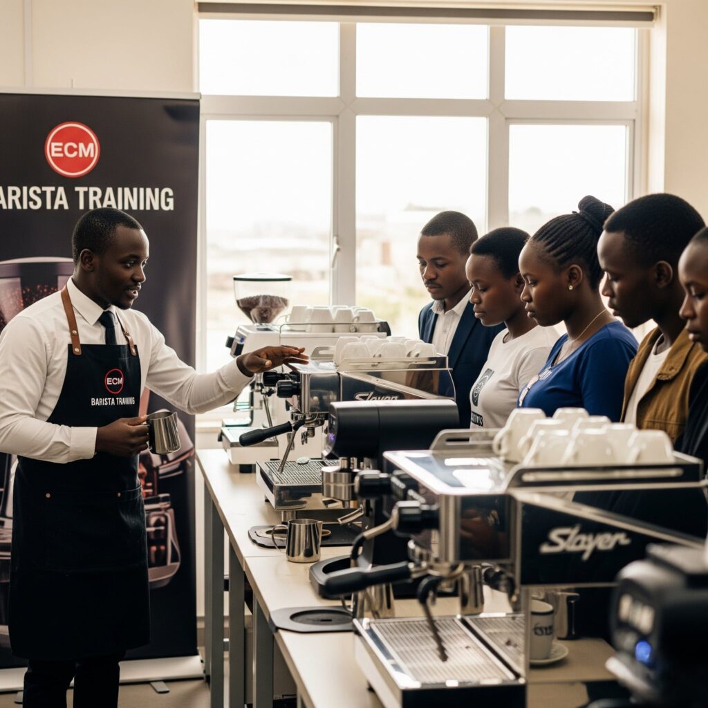 Students learning Barista from ECM college in Kenya